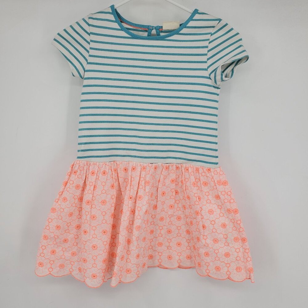 Mini Boden Girl's Short Sleeved Blue Striped and Coral Skirt Dress Size 7 - 8 Y